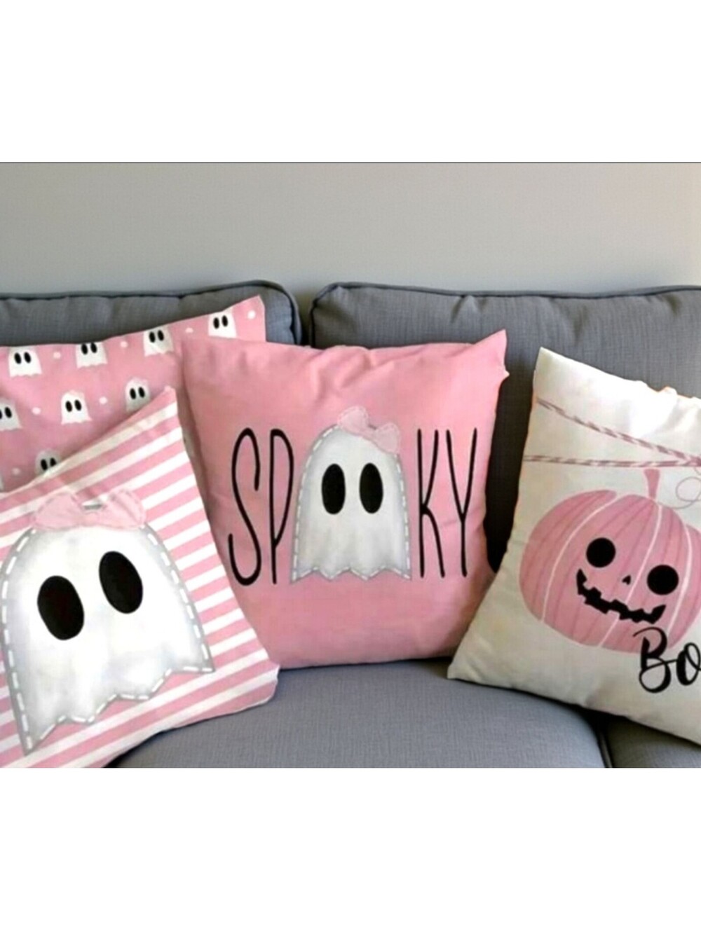 Pink Ghost Pumpkin Halloween 18x18 Pillow Cushion Cover Inserts 100% Linen Blend